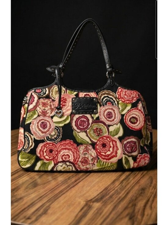 Brighton Handbags - Brighton Canvas/Leather Colorful Floral Boho Hobo Stitched Tote Shoulder Bag